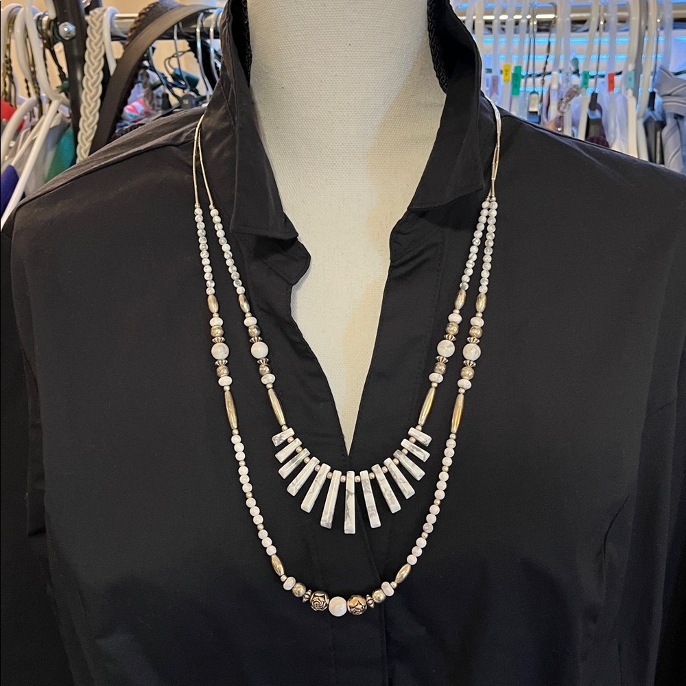 Silvertone white/grey beaded two strand necklace, possibly sterling